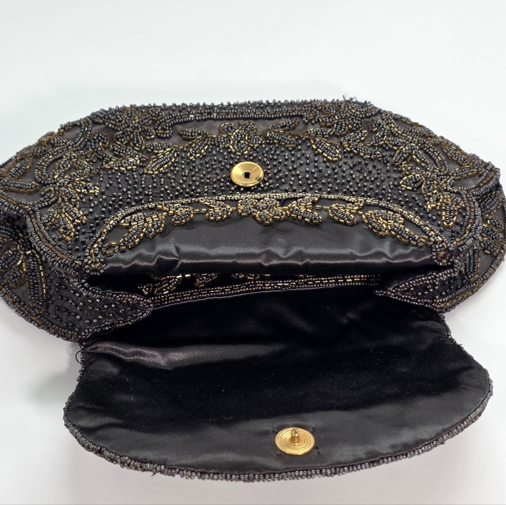 Vintage French Beaded Clutch Taupe Bronze Art Deco Evening Bag Micro Bead Floral - Picture 6 of 15